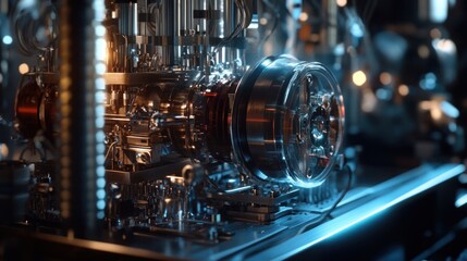 Fototapeta premium Engineered mechanism, intricate detail, futuristic lab, glowing lights