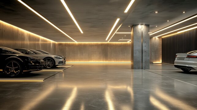 Modern luxury garage interior with three cars parked. Polished concrete floor, wood paneling, and LED lighting.
