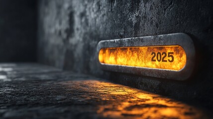 Futuristic metallic panel with fiery 2025 countdown, embedded in a grunge wall, emitting warm light