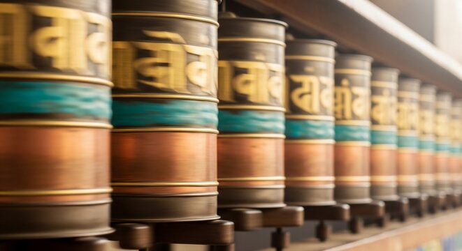 Row of Tibetan Buddhist Prayer Wheels with Golden Script and Teal Bands