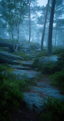Obraz premium Misty forest path winding through rocks