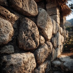 Close-up of a rustic stone wall, sunlight highlighting textures