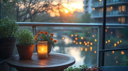 Balcony sunset view with plants and candle