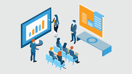 Isometric view of a business presentation with graphs and a team of professionals attending the event
