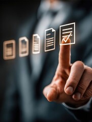 Business person's finger touches a glowing checkmark on a document, signifying approval or completion of a task.  Several other documents are shown