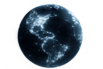 Planet earth rotating and showing connections and lighting up at night with transparent background