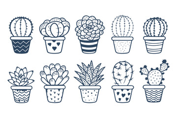 Set of cute hand-drawn cactus and succulents in decorative pots. Kawaii doodle illustration collection for stickers, coloring pages, and nursery decor.