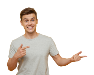 smiling man pointing sideways on transparent background