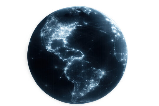 Planet earth rotating and showing connections and lighting up at night with transparent background