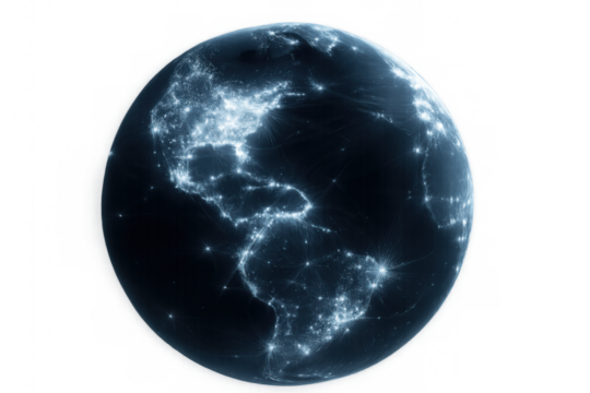 Planet earth rotating and showing connections and lighting up at night with transparent background