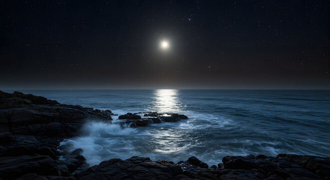 Moonlit Seascape with Rocky Shore and Starry Sky Creating a Tranquil Scene