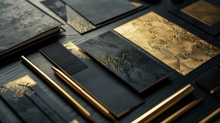 Obraz premium A dark surface with gold accented cards and pens arranged in a stylish and elegant composition