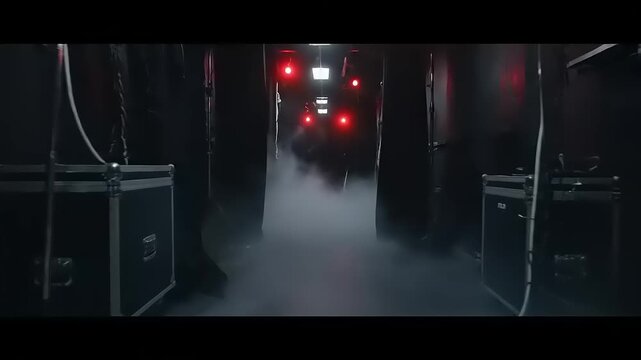 Mysterious Backstage Corridor with Fog and Red Lights Dark, Atmospheric Stock Footage
