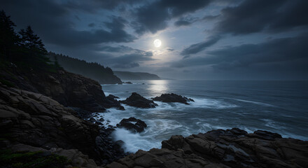 Mystical moonlight over rugged coastline, ocean waves crashing against the rocks scenic landscape