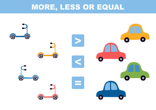 Choose more, less or equal. Task with cars and scooters. Educational game for children