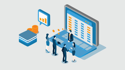 Isometric view of a team of professionals discussing data displayed on a large laptop screen
