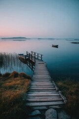 Fototapeta premium Peaceful wooden dock on a calm lake at dawn