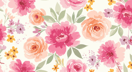 Watercolor floral pattern with pink and peach roses, yellow blossoms, and green leaves against a soft white backdrop for backgrounds