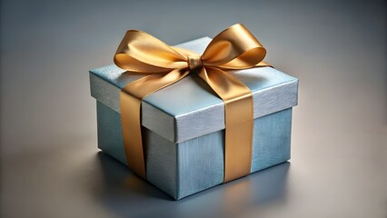 Elegant silver gift box with a golden ribbon and bow on a neutral background