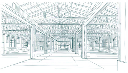 Industrial Warehouse Interior Perspective Line Drawing Vector Illustration. Large hall space design with steel beams.