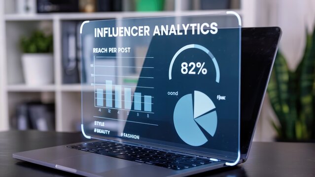 Analyze influencer marketing data on a futuristic holographic screen with modern analytics charts and graphs.