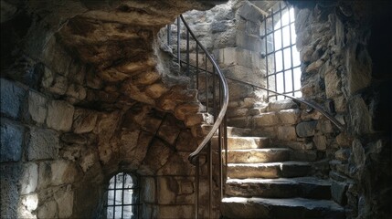 Ancient stone spiral staircase with light