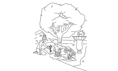 Minimalist Line Drawing of Gardening in the Park