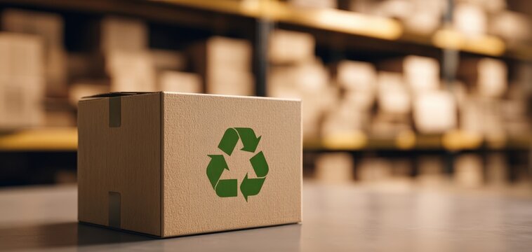 The recyclable cardboard box in a warehouse setting emphasizing sustainability.