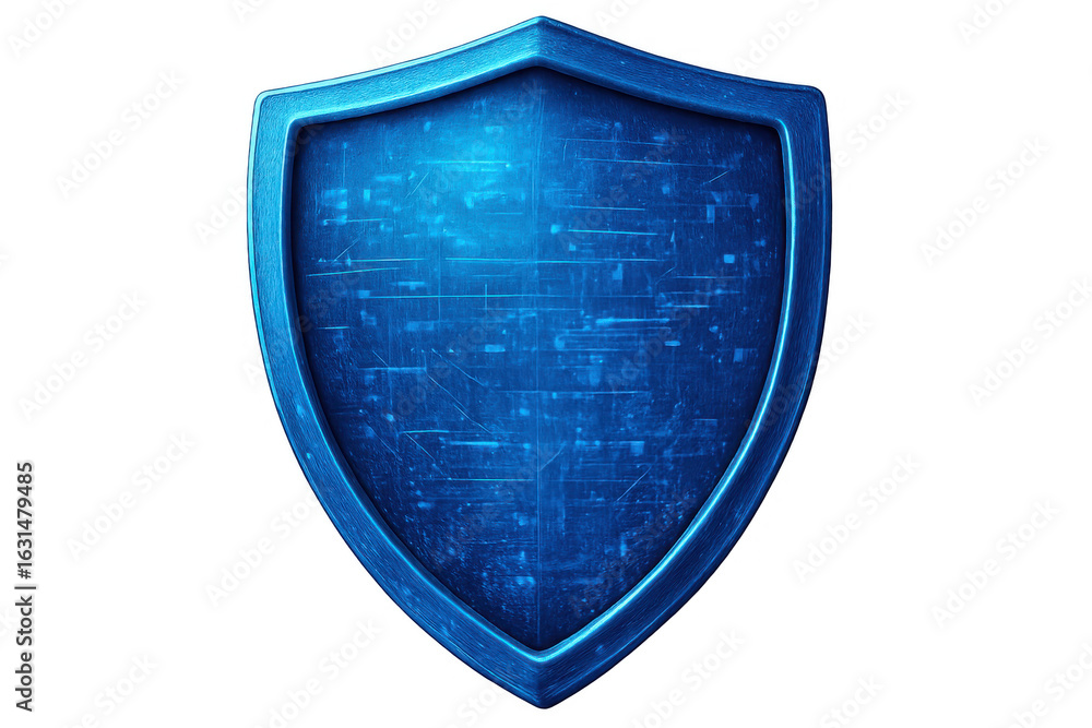 Poster digital security icon showing protective blue shield guarding electronic data circuit lines