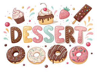 Delicious dessert typography with donuts, cupcakes, and ice cream for sweet treats