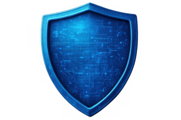 Digital security icon showing protective blue shield guarding electronic data circuit lines