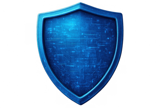 Digital security icon showing protective blue shield guarding electronic data circuit lines