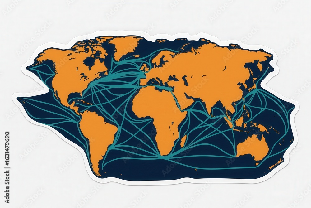 Poster global connectivity illustrated through a modern stylized world map showing intricate networks symbo