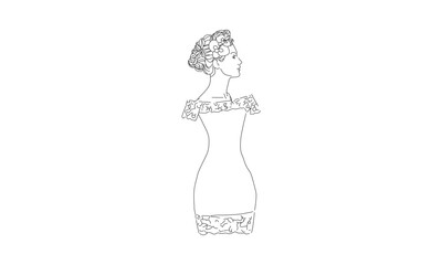 Elegant Line Art of a Woman in a Dress with Floral Hair Accessories