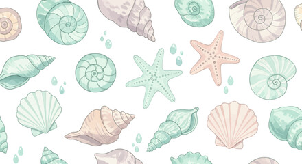 Seamless pattern featuring a variety of hand-drawn seashells and starfish in pastel colors on a white background, aquatic life