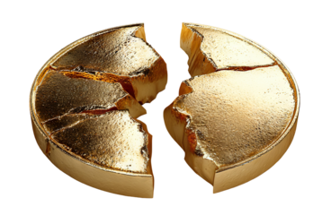 Broken golden coin split into halves, isolated on transparent cutout background