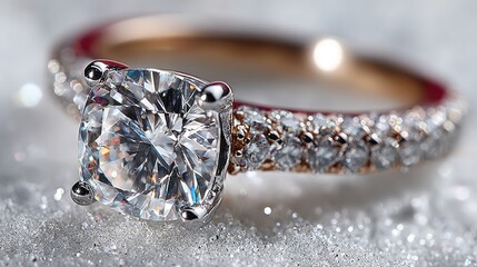 Elegant diamond ring resting on soft snowflakes in a winter wonderland setting, showcasing luxury and beauty