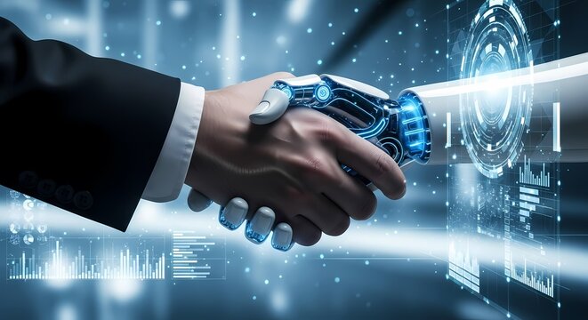 A conceptual image representing a partnership between humans and artificial intelligence. A man in a suit shakes hands with a robotic hand, indicating trust and collaboration in the era of AI and auto