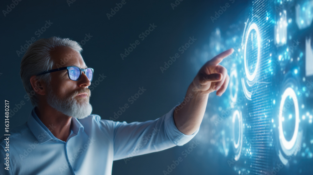 Poster a mature man interacts with a digital interface, showcasing advanced technology and data visualizati