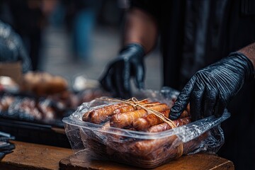 Hands in black gloves holding a plastic container of cooked sausages