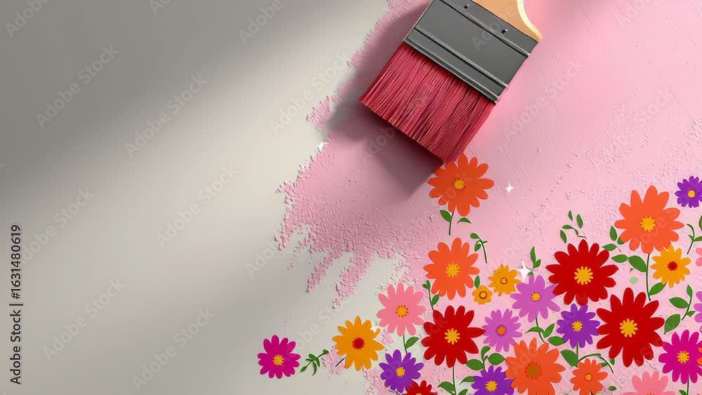Poster paintbrush with pink bristles applying vibrant paint to a wall, surrounded by colorful floral patter