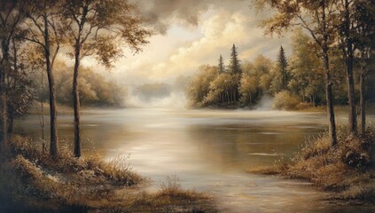 A serene lake surrounded by trees, with mist rising from the water and soft clouds in the sky