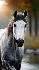 Fototapeta premium Majestic white horse steps gracefully through a serene forest stream at dusk, surrounded by soft autumn colors