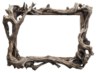 Rustic driftwood photo frame with natural twisted branches, isolated on transparent cutout background