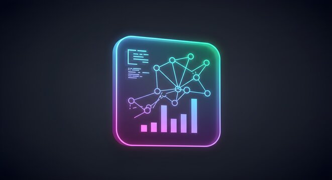 Blue/Pink neon square displays data network and chart. This 3D render suits financial tech, UI/UX design, or abstract presentations.
