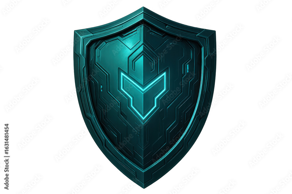 Poster luminous turquoise digital shield displaying intricate electronic circuits, representing advanced cy