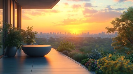 Modern home balcony sunset city view