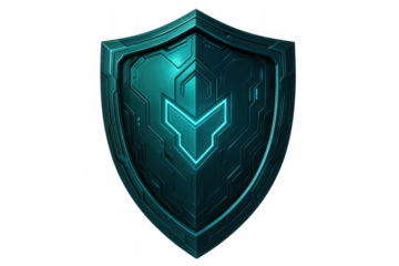 Luminous turquoise digital shield displaying intricate electronic circuits, representing advanced cybersecurity network protection technology