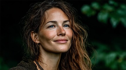 Natural woman with freckles and flowing hair smiling peacefully outdoors, expressing authenticity, beauty, and confidence in nature.

