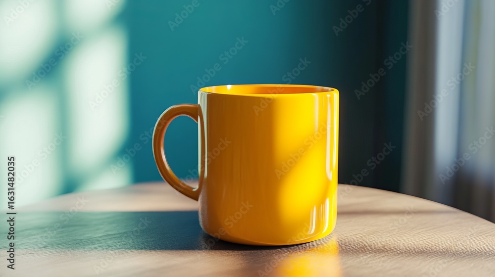 Poster close up of a yellow mug sitting on a table with a teal wall and window in the background